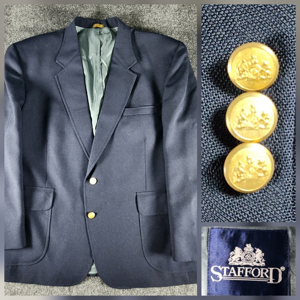 VTG Stafford 46S Hopsack Navy Gold Button Mens Blazer Suit Jacket Sport Coat